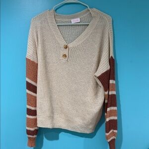Pink Lily Beige and Brown V-Neck Sweater